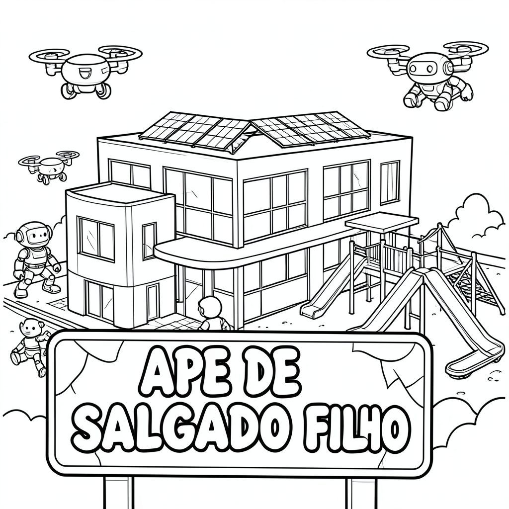 Tranh tô màu nghệ thuật đen trắng cho trẻ em. Một tòa nhà trường học tương lai với kiến trúc hiện đại, bóng bẩy, máy bay không người lái và robot bay xung quanh, các tấm pin mặt trời trên mái nhà và sân chơi với cầu trượt và ván trượt tương lai. Ở phía trước, một tấm biển lớn ghi "APAE DE SALGADO FILHO" bằng chữ in đậm, bong bóng. Đường viền dày đơn giản, phong cách sách tô màu, nền trắng, trẻ em dễ tô màu, cảnh giàu trí tưởng tượng và truyền cảm hứng.