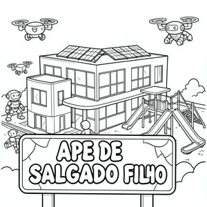 Tranh tô màu nghệ thuật đen trắng cho trẻ em. Một tòa nhà trường học tương lai với kiến trúc hiện đại, bóng bẩy, máy bay không người lái và robot bay xung quanh, các tấm pin mặt trời trên mái nhà và sân chơi với cầu trượt và ván trượt tương lai. Ở phía trước, một tấm biển lớn ghi "APAE DE SALGADO FILHO" bằng chữ in đậm, bong bóng. Đường viền dày đơn giản, phong cách sách tô màu, nền trắng, trẻ em dễ tô màu, cảnh giàu trí tưởng tượng và truyền cảm hứng.