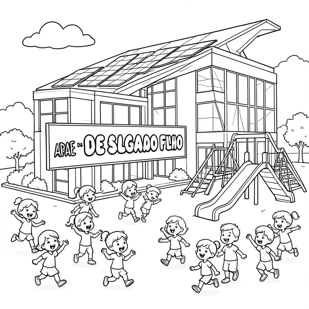 Tranh tô màu đen trắng cho trẻ em. Một tòa nhà trường học tương lai với kiến trúc hiện đại, bóng bẩy, các tấm pin mặt trời trên mái nhà và sân chơi với cầu trượt và xích đu tương lai. Ở phía trước, một tấm biển lớn ghi "APAE DE SALGADO FILHO" bằng các chữ bong bóng đậm, thân thiện. Trẻ em APAE vui vẻ vui chơi, mỉm cười, chạy và vui chơi xung quanh trường. Đường viền dày đơn giản, phong cách sách tô màu, nền trắng, trẻ em dễ tô màu, khung cảnh vui tươi và giàu trí tưởng tượng.
