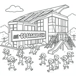 Tranh tô màu đen trắng cho trẻ em. Một tòa nhà trường học tương lai với kiến trúc hiện đại, bóng bẩy, các tấm pin mặt trời trên mái nhà và sân chơi với cầu trượt và xích đu tương lai. Ở phía trước, một tấm biển lớn ghi "APAE DE SALGADO FILHO" bằng các chữ bong bóng đậm, thân thiện. Trẻ em APAE vui vẻ vui chơi, mỉm cười, chạy và vui chơi xung quanh trường. Đường viền dày đơn giản, phong cách sách tô màu, nền trắng, trẻ em dễ tô màu, khung cảnh vui tươi và giàu trí tưởng tượng.