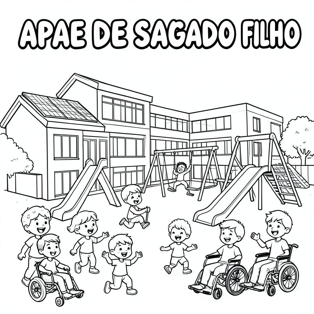Tranh tô màu đen trắng cho trẻ em. Cái tên "APAE DE SALGADO FILHO" bằng chữ bong bóng lớn ở trên cùng, dễ tô màu. Bên dưới, một ngôi trường tương lai với kiến trúc hiện đại, các tấm pin mặt trời và sân chơi với cầu trượt, xích đu và đường dốc. Trẻ em vui vẻ vui chơi, mỉm cười và tương tác, bao gồm cả trẻ em mắc các hội chứng khác nhau, khuyết tật và sử dụng xe lăn, nạng hoặc các thiết bị hỗ trợ khác, thể hiện sự hòa nhập và khả năng tiếp cận. Đường viền dày đơn giản, phong cách sách tô màu, nền trắng, khung cảnh vui tươi, thân thiện và giàu trí tưởng tượng, hoàn hảo cho trẻ em tô màu.