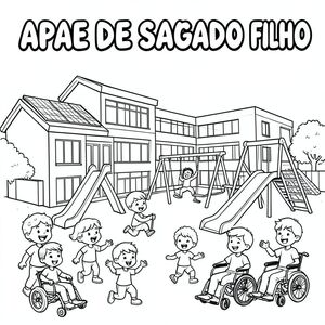 Tranh tô màu đen trắng cho trẻ em. Cái tên "APAE DE SALGADO FILHO" bằng chữ bong bóng lớn ở trên cùng, dễ tô màu. Bên dưới, một ngôi trường tương lai với kiến trúc hiện đại, các tấm pin mặt trời và sân chơi với cầu trượt, xích đu và đường dốc. Trẻ em vui vẻ vui chơi, mỉm cười và tương tác, bao gồm cả trẻ em mắc các hội chứng khác nhau, khuyết tật và sử dụng xe lăn, nạng hoặc các thiết bị hỗ trợ khác, thể hiện sự hòa nhập và khả năng tiếp cận. Đường viền dày đơn giản, phong cách sách tô màu, nền trắng, khung cảnh vui tươi, thân thiện và giàu trí tưởng tượng, hoàn hảo cho trẻ em tô màu.