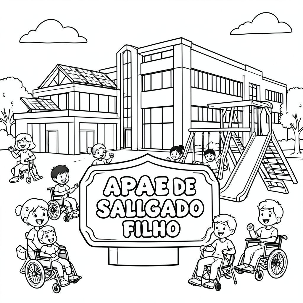 Tranh tô màu đen trắng cho trẻ em. Một tòa nhà trường học tương lai với kiến trúc hiện đại, các tấm pin mặt trời và sân chơi với cầu trượt, xích đu và đường dốc. Ở tiền cảnh trung tâm, một ** tấm bảng hoặc bảng hiệu ** trang trí lớn hiển thị nổi bật tên "APAE DE SALGADO FILHO" bằng chữ bong bóng đậm, dễ tô màu. Trẻ em vui vẻ vui chơi, mỉm cười và tương tác xung quanh sân chơi, bao gồm cả trẻ em mắc các hội chứng và khuyết tật khác nhau, sử dụng xe lăn, nạng hoặc các thiết bị hỗ trợ khác, thể hiện sự hòa nhập và khả năng tiếp cận. Đường viền dày đơn giản, phong cách sách tô màu, nền trắng, khung cảnh vui tươi và giàu trí tưởng tượng, hoàn hảo cho trẻ em tô màu.
