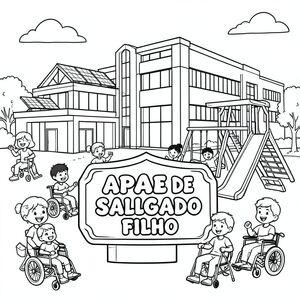 Tranh tô màu đen trắng cho trẻ em. Một tòa nhà trường học tương lai với kiến trúc hiện đại, các tấm pin mặt trời và sân chơi với cầu trượt, xích đu và đường dốc. Ở tiền cảnh trung tâm, một ** tấm bảng hoặc bảng hiệu ** trang trí lớn hiển thị nổi bật tên "APAE DE SALGADO FILHO" bằng chữ bong bóng đậm, dễ tô màu. Trẻ em vui vẻ vui chơi, mỉm cười và tương tác xung quanh sân chơi, bao gồm cả trẻ em mắc các hội chứng và khuyết tật khác nhau, sử dụng xe lăn, nạng hoặc các thiết bị hỗ trợ khác, thể hiện sự hòa nhập và khả năng tiếp cận. Đường viền dày đơn giản, phong cách sách tô màu, nền trắng, khung cảnh vui tươi và giàu trí tưởng tượng, hoàn hảo cho trẻ em tô màu.