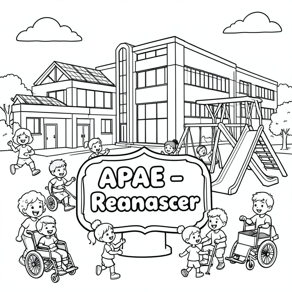 Tranh tô màu đen trắng cho trẻ em. Một tòa nhà trường học tương lai với kiến trúc hiện đại, các tấm pin mặt trời và sân chơi với cầu trượt, xích đu và đường dốc. Ở tiền cảnh trung tâm, một **tấm bảng hoặc bảng hiệu** trang trí lớn hiển thị nổi bật tên "APAE – Escola Renascer" bằng chữ bong bóng đậm, dễ tô màu. Trẻ em vui vẻ vui chơi, mỉm cười và tương tác xung quanh sân chơi, bao gồm cả trẻ em mắc các hội chứng và khuyết tật khác nhau, sử dụng xe lăn, nạng hoặc các thiết bị hỗ trợ khác, thể hiện sự hòa nhập và khả năng tiếp cận. Đường viền dày đơn giản, phong cách sách tô màu, nền trắng, khung cảnh vui tươi và giàu trí tưởng tượng, hoàn hảo cho trẻ em tô màu.