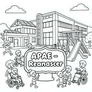 Black and white coloring page for kids. A futuristic school building with modern architecture, solar panels, and a playground with slides, swings, and ramps. In the center foreground, a large decorative **plaque or sign** prominently displays the name "APAE – Escola Renascer" in bold bubble letters, easy to color. Children happily playing, smiling, and interacting around the playground, including children with different syndromes and disabilities, using wheelchairs, crutches, or other assistive devices, demonstrating inclusion and accessibility. Simple thick outlines, coloring book style, white background, joyful and imaginative scene, perfect for children to color.