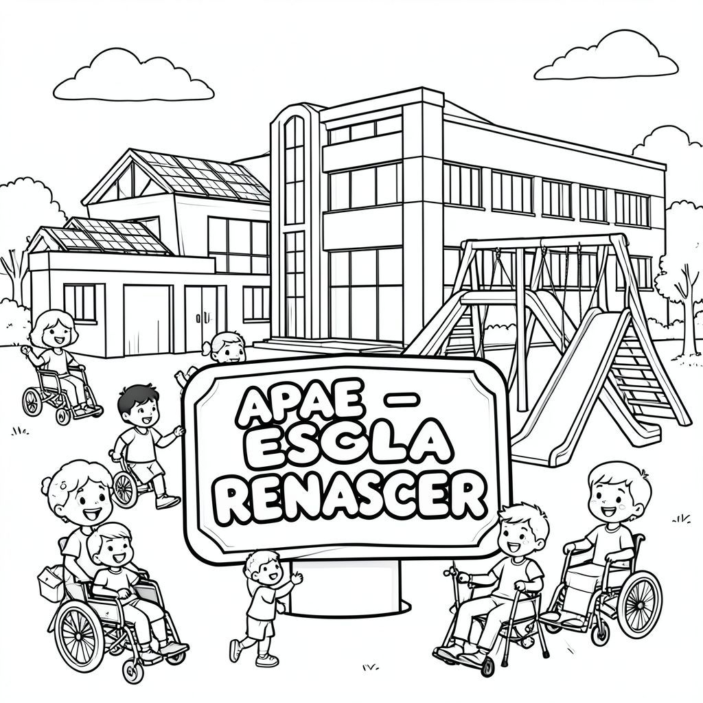 Tranh tô màu đen trắng cho trẻ em. Một tòa nhà trường học tương lai với kiến trúc hiện đại, các tấm pin mặt trời và sân chơi với cầu trượt, xích đu và đường dốc. Ở phía trước trung tâm, một ** bảng hiệu hoặc bảng hiệu trang trí lớn hiển thị nổi bật tên "APAE - ESCOLA RENASCER" ** bằng các chữ in đậm, bong bóng lớn, dễ tô màu và dễ đọc rõ ràng. Trẻ em vui vẻ vui chơi, mỉm cười và tương tác xung quanh sân chơi, bao gồm cả trẻ em mắc các hội chứng và khuyết tật khác nhau, sử dụng xe lăn, nạng hoặc các thiết bị hỗ trợ khác, thể hiện sự hòa nhập và khả năng tiếp cận. Đường viền dày đơn giản, phong cách sách tô màu, nền trắng, khung cảnh vui tươi và giàu trí tưởng tượng, hoàn hảo cho trẻ em tô màu.
