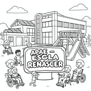 Black and white coloring page for kids. A futuristic school building with modern architecture, solar panels, and a playground with slides, swings, and ramps. In the center foreground, a large decorative **plaque or sign prominently displays the name "APAE – ESCOLA RENASCER"** in bold, large bubble letters, easy to color and clearly readable. Children happily playing, smiling, and interacting around the playground, including children with different syndromes and disabilities, using wheelchairs, crutches, or other assistive devices, demonstrating inclusion and accessibility. Simple thick outlines, coloring book style, white background, joyful and imaginative scene, perfect for children to color.