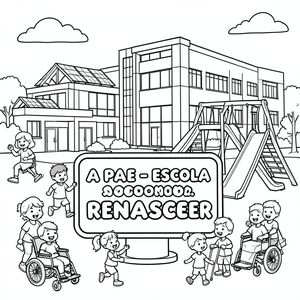Black and white coloring page for kids. A futuristic school building with modern architecture, solar panels, and a playground with slides, swings, and ramps. In the center foreground, a large decorative **plaque or sign prominently displays the name "A P A E - E S C O L A   R E N A S C E R"** in bold, large bubble letters, spaced out and easy to color. Children happily playing, smiling, and interacting around the playground, including children with different syndromes and disabilities, using wheelchairs, crutches, or other assistive devices, demonstrating inclusion and accessibility. Simple thick outlines, coloring book style, white background, joyful and imaginative scene, perfect for children to color.