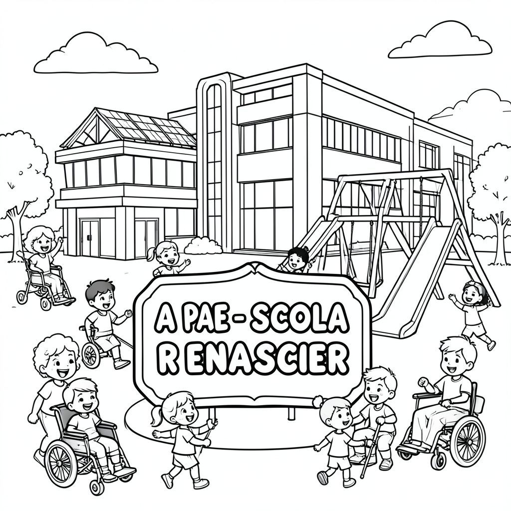 Tranh tô màu đen trắng cho trẻ em. Một tòa nhà trường học tương lai với kiến trúc hiện đại, các tấm pin mặt trời và sân chơi với cầu trượt, xích đu và đường dốc. Ở tiền cảnh trung tâm, một tấm bảng trang trí lớn hiển thị nổi bật tên "A P A E - E S C O L A R E N A S C E R" giống hệt như thế này, bằng các chữ bong bóng lớn đậm, dễ tô màu. Trẻ em vui vẻ vui chơi, mỉm cười và tương tác xung quanh sân chơi, bao gồm cả trẻ em mắc các hội chứng và khuyết tật khác nhau, sử dụng xe lăn, nạng hoặc các thiết bị hỗ trợ khác, thể hiện sự hòa nhập và khả năng tiếp cận. Đường viền dày đơn giản, phong cách sách tô màu, nền trắng, khung cảnh vui tươi và giàu trí tưởng tượng, hoàn hảo cho trẻ em tô màu.