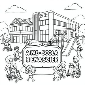 Black and white coloring page for kids. A futuristic school building with modern architecture, solar panels, and a playground with slides, swings, and ramps. In the center foreground, a large decorative plaque prominently displays the name "A P A E - E S C O L A   R E N A S C E R" exactly like this, in big bold bubble letters, easy to color. Children happily playing, smiling, and interacting around the playground, including children with different syndromes and disabilities, using wheelchairs, crutches, or other assistive devices, demonstrating inclusion and accessibility. Simple thick outlines, coloring book style, white background, joyful and imaginative scene, perfect for children to color.