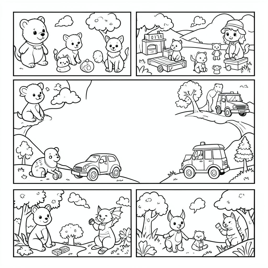 "Generate a 50-page children's coloring book for ages 3–7, each page with a different cute illustration such as animals, toys, vehicles, fantasy characters and nature scenes, simple black and white line art, thick outlines, no shading, large coloring spaces, printable 8.5x11 coloring book pages."