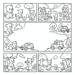 "Generate a 50-page children's coloring book for ages 3–7, each page with a different cute illustration such as animals, toys, vehicles, fantasy characters and nature scenes, simple black and white line art, thick outlines, no shading, large coloring spaces, printable 8.5x11 coloring book pages."
