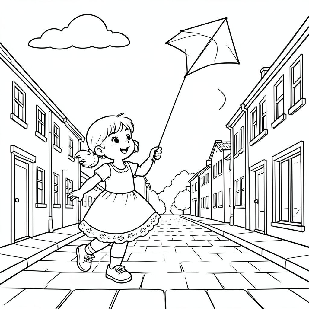 Cô gái thả diều trên đường phố.