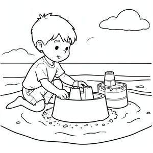 Cậu bé xây lâu đài cát trên bãi biển