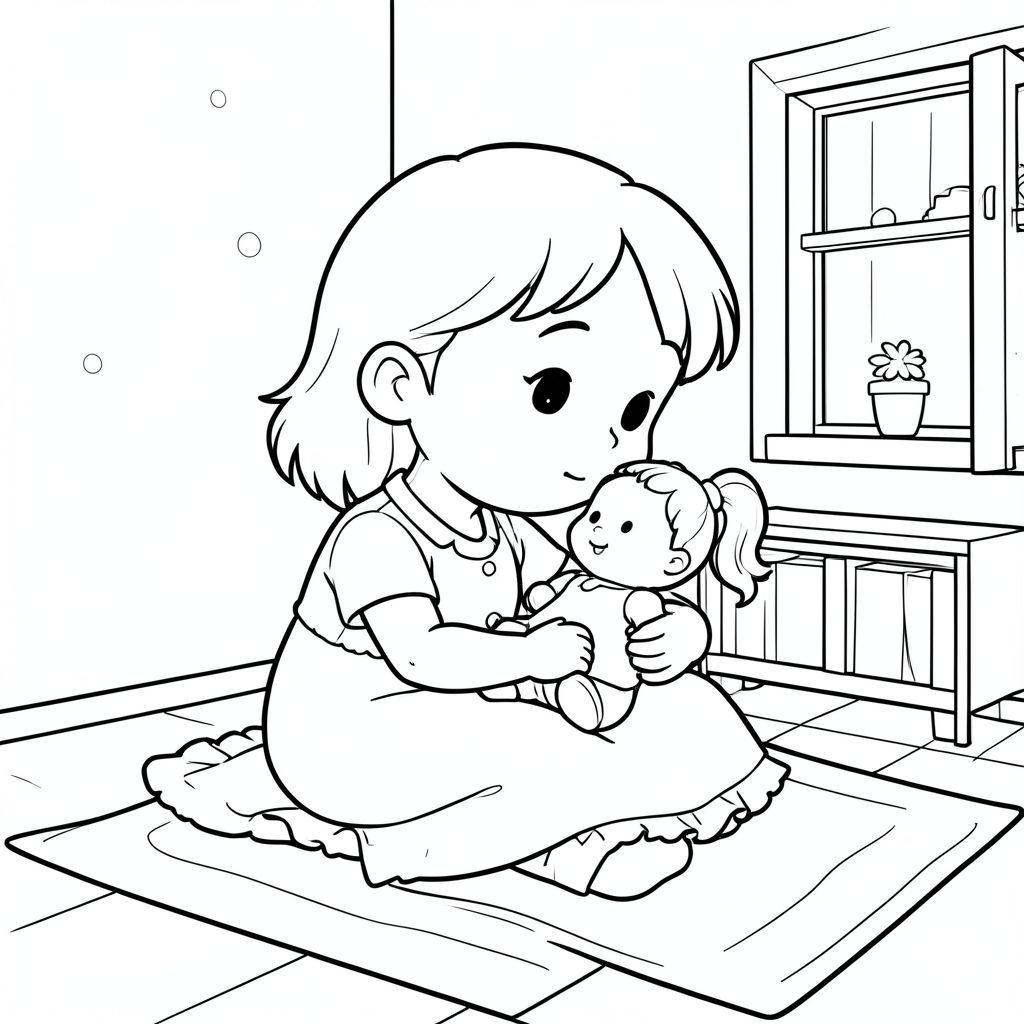 Cô gái chơi với một con búp bê trong phòng của mình.