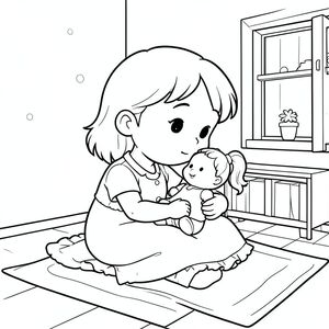 Cô gái chơi với một con búp bê trong phòng của mình.