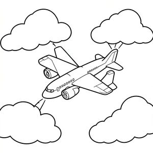 Airplane flying between clouds