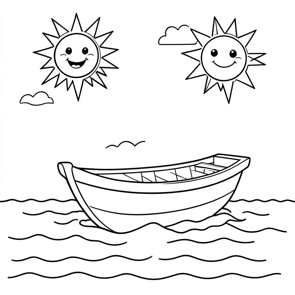 Một chiếc thuyền mỉm cười chèo thuyền trên biển với ánh nắng mặt trời và chim chóc.