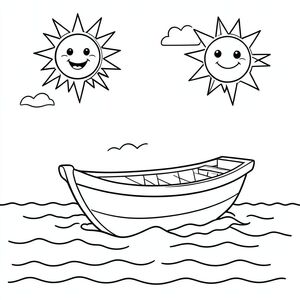 Một chiếc thuyền mỉm cười chèo thuyền trên biển với ánh nắng mặt trời và chim chóc.