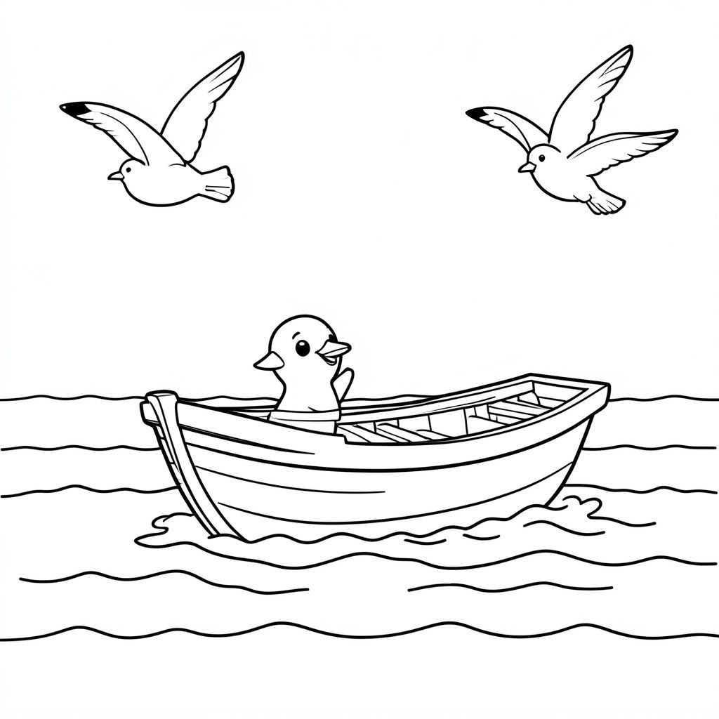 Một chiếc thuyền mỉm cười chèo thuyền trên biển với những con mòng biển bay.