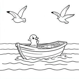 Một chiếc thuyền mỉm cười chèo thuyền trên biển với những con mòng biển bay.