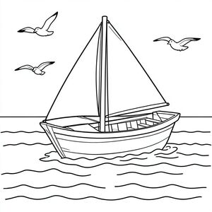 Thuyền chèo thuyền trên biển với mòng biển.