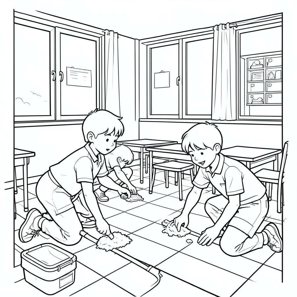 Học sinh lau sàn lớp học
