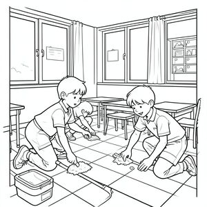 Học sinh lau sàn lớp học
