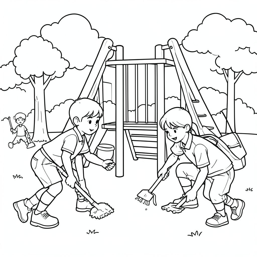 Học sinh dọn dẹp sân chơi