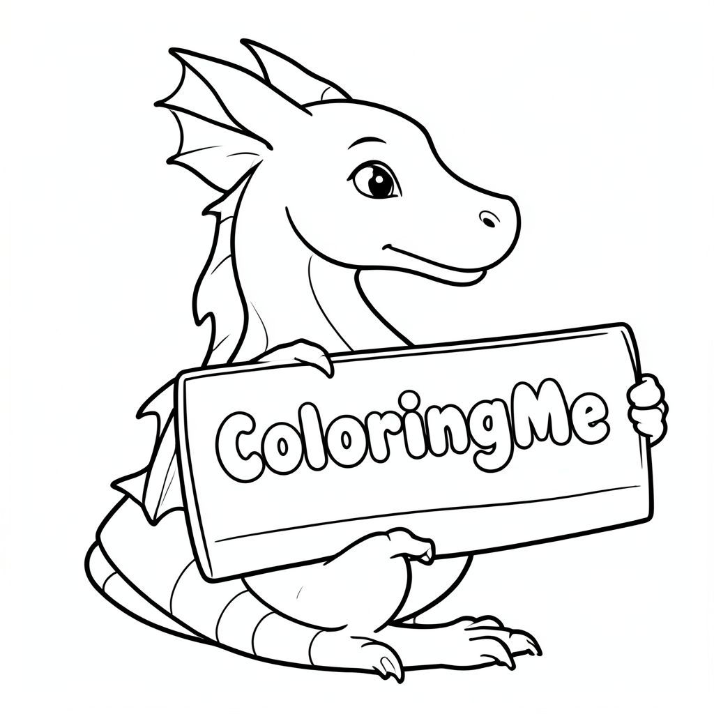 Chế độ xem hồ sơ của một con rồng thân thiện, cầm một tấm biển có dòng chữ "ColoringMe" được viết bằng chữ bong bóng trắng, trong hồ sơ, theo nguồn Diana, phong cách siêu thực