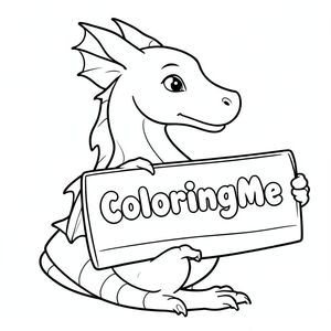 Chế độ xem hồ sơ của một con rồng thân thiện, cầm một tấm biển có dòng chữ "ColoringMe" được viết bằng chữ bong bóng trắng, trong hồ sơ, theo nguồn Diana, phong cách siêu thực