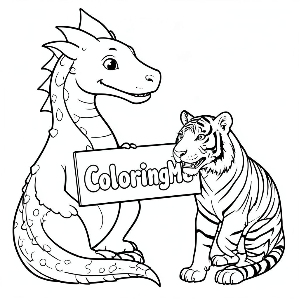 Một hình ảnh đại diện của một con rồng thân thiện, cầm một tấm biển có dòng chữ "ColoringMe" được viết bằng chữ bong bóng màu trắng, trong hồ sơ, một phong cách Hổ, siêu thực