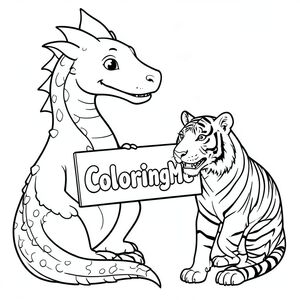 Một hình ảnh đại diện của một con rồng thân thiện, cầm một tấm biển có dòng chữ "ColoringMe" được viết bằng chữ bong bóng màu trắng, trong hồ sơ, một phong cách Hổ, siêu thực