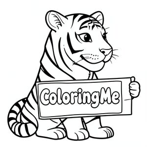 Ảnh chụp hồ sơ của một con hổ thân thiện, cầm một tấm biển có dòng chữ "ColoringMe" được viết bằng chữ bong bóng màu trắng, theo phong cách siêu thực