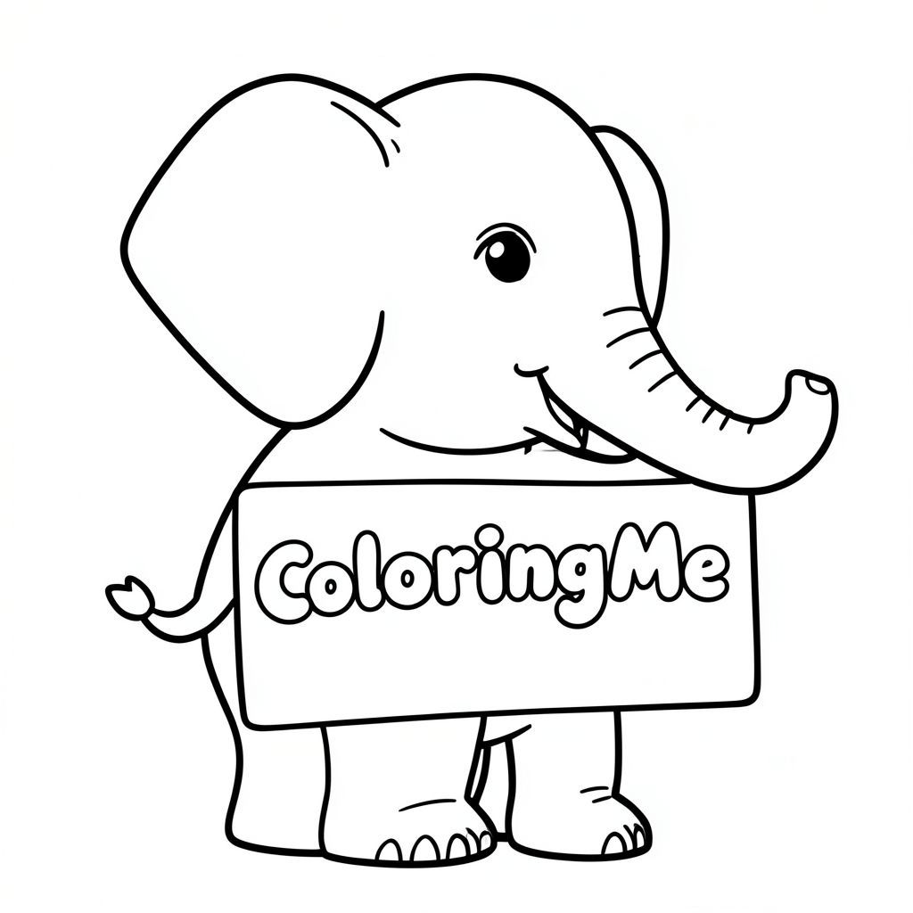 Ảnh chụp hồ sơ của một chú voi thân thiện, cầm một tấm biển có dòng chữ "ColoringMe" được viết bằng chữ bong bóng màu trắng, theo phong cách siêu thực