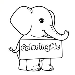 Ảnh chụp hồ sơ của một chú voi thân thiện, cầm một tấm biển có dòng chữ "ColoringMe" được viết bằng chữ bong bóng màu trắng, theo phong cách siêu thực