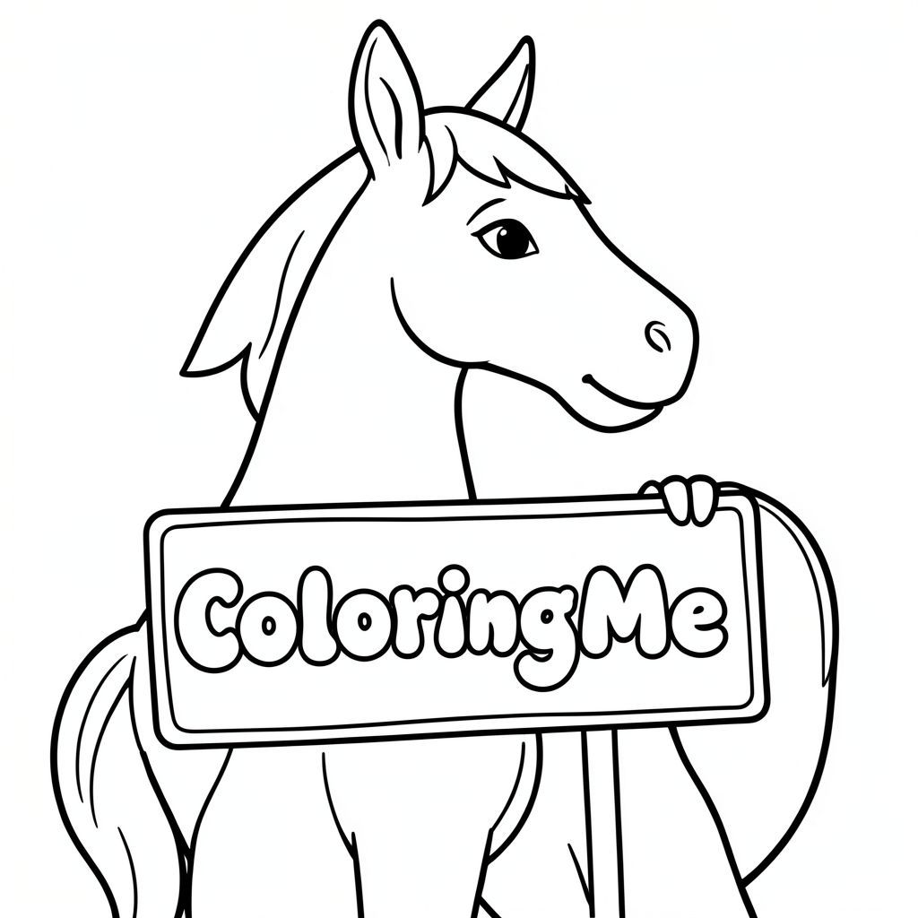 Chế độ xem hồ sơ của một con ngựa thân thiện, cầm một tấm biển có dòng chữ "ColoringMe" được viết bằng chữ bong bóng màu trắng, theo phong cách siêu thực