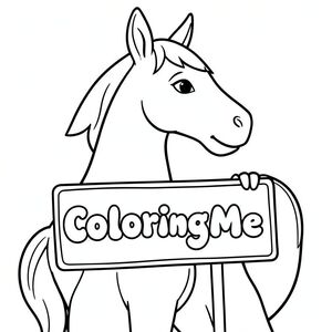 Chế độ xem hồ sơ của một con ngựa thân thiện, cầm một tấm biển có dòng chữ "ColoringMe" được viết bằng chữ bong bóng màu trắng, theo phong cách siêu thực