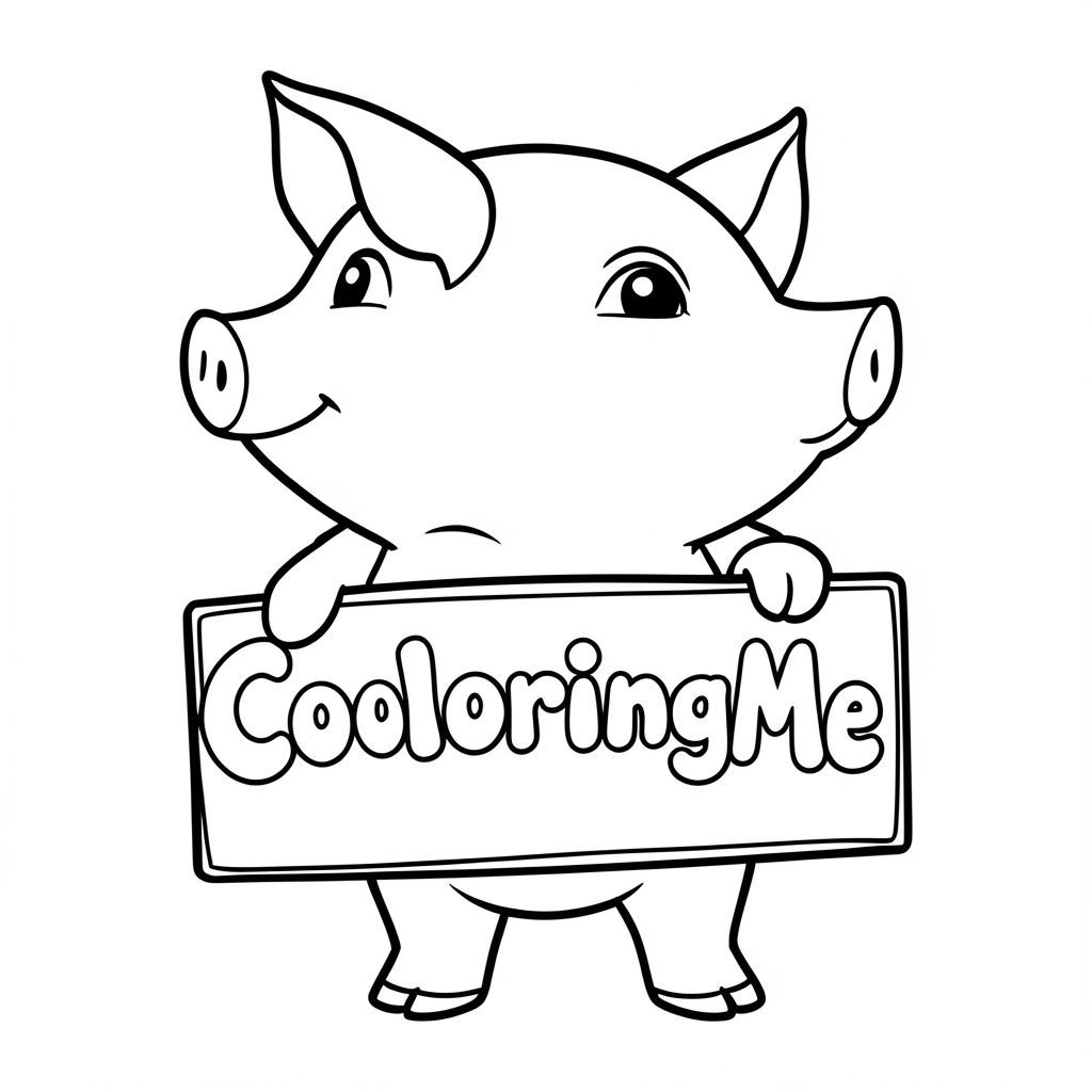Ảnh chụp hồ sơ của một chú Lợn thân thiện, cầm một tấm biển có dòng chữ "ColoringMe" được viết bằng chữ bong bóng màu trắng, theo phong cách siêu thực