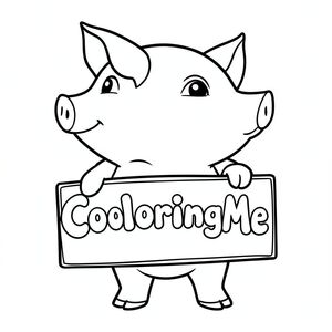 Ảnh chụp hồ sơ của một chú Lợn thân thiện, cầm một tấm biển có dòng chữ "ColoringMe" được viết bằng chữ bong bóng màu trắng, theo phong cách siêu thực