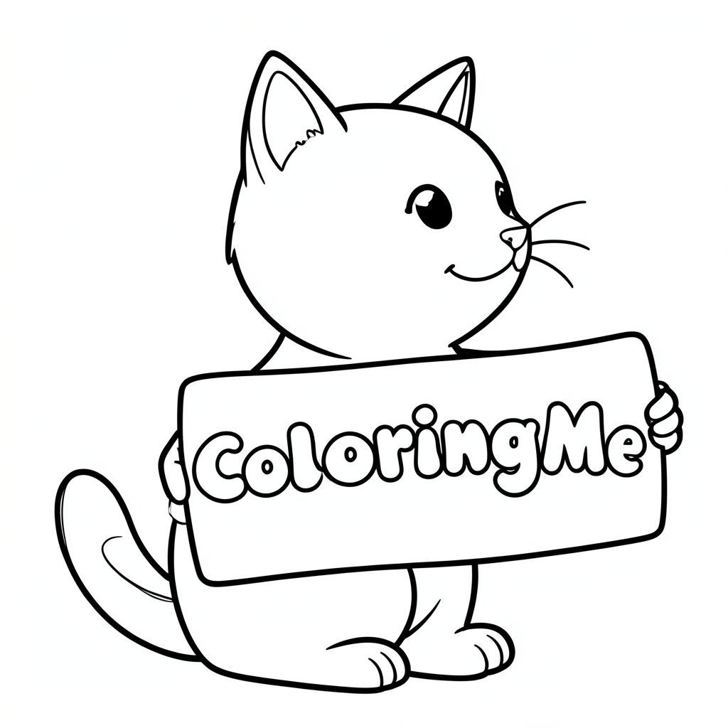 Chế độ xem hồ sơ của một CAT thân thiện, cầm một tấm biển có dòng chữ "ColoringMe" được viết bằng chữ bong bóng màu trắng, theo phong cách siêu thực