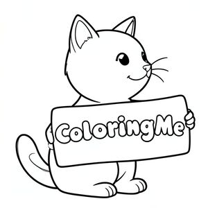 Chế độ xem hồ sơ của một CAT thân thiện, cầm một tấm biển có dòng chữ "ColoringMe" được viết bằng chữ bong bóng màu trắng, theo phong cách siêu thực