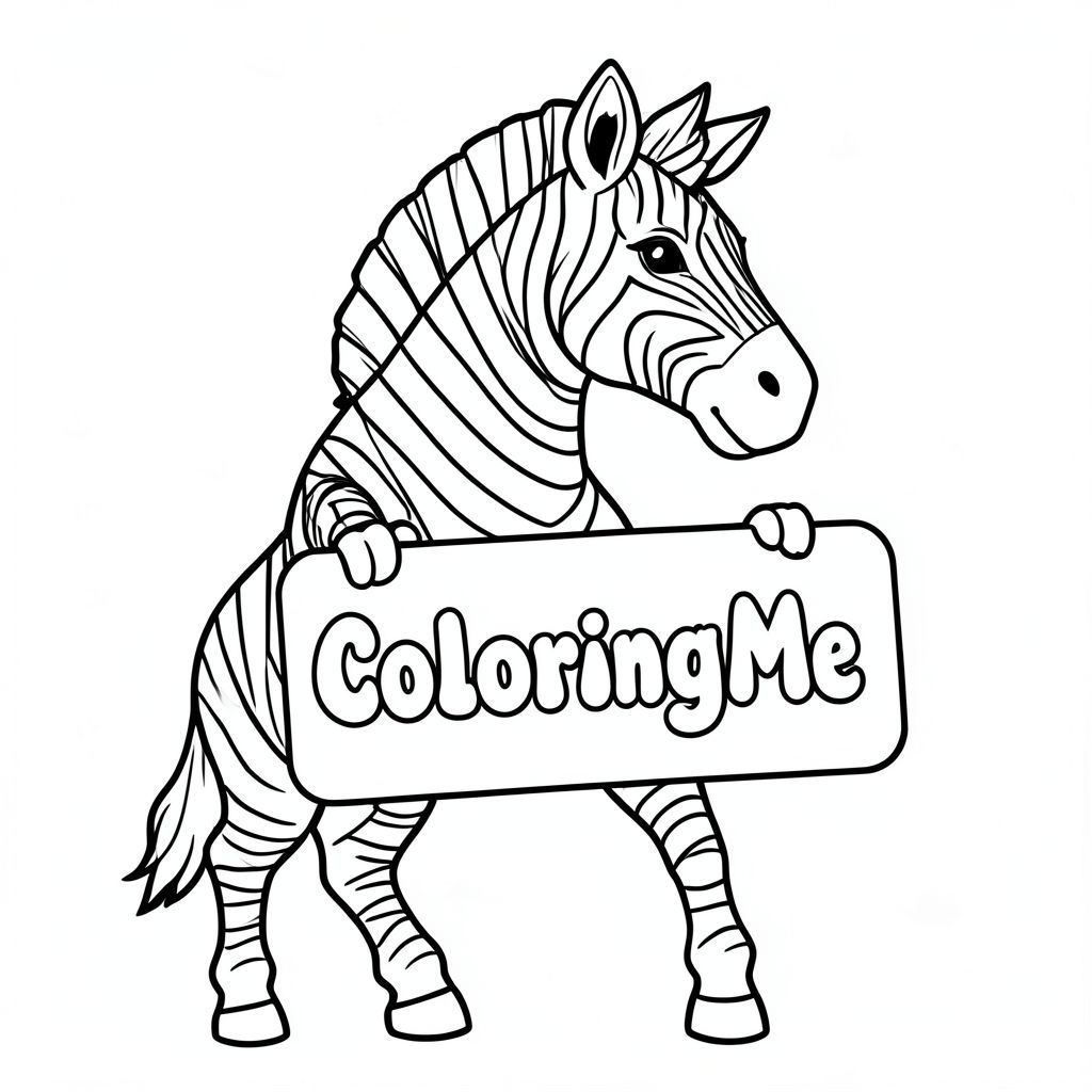 Ảnh chụp hồ sơ của một con ngựa vằn thân thiện, cầm một tấm biển có dòng chữ "ColoringMe" được viết bằng chữ bong bóng trắng, theo phong cách siêu thực