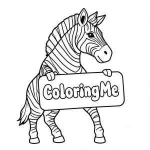 Ảnh chụp hồ sơ của một con ngựa vằn thân thiện, cầm một tấm biển có dòng chữ "ColoringMe" được viết bằng chữ bong bóng trắng, theo phong cách siêu thực