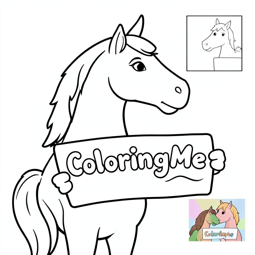 Chế độ xem hồ sơ của một con Ngựa thân thiện, cầm một tấm biển có dòng chữ "ColoringMe" được viết bằng chữ bong bóng màu trắng, theo phong cách siêu thực, với một hình ảnh nhỏ mẫu có màu sắc giống nhau 
