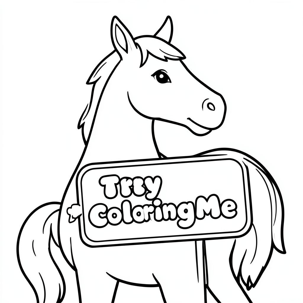 Chế độ xem hồ sơ của một con Ngựa thân thiện, cầm một tấm biển có dòng chữ "Hãy thử tô màu" được viết bằng chữ bong bóng màu trắng, theo phong cách siêu thực, với hình ảnh màu nhỏ mẫu cùng phong cách