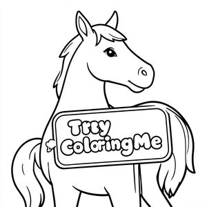 Chế độ xem hồ sơ của một con Ngựa thân thiện, cầm một tấm biển có dòng chữ "Hãy thử tô màu" được viết bằng chữ bong bóng màu trắng, theo phong cách siêu thực, với hình ảnh màu nhỏ mẫu cùng phong cách