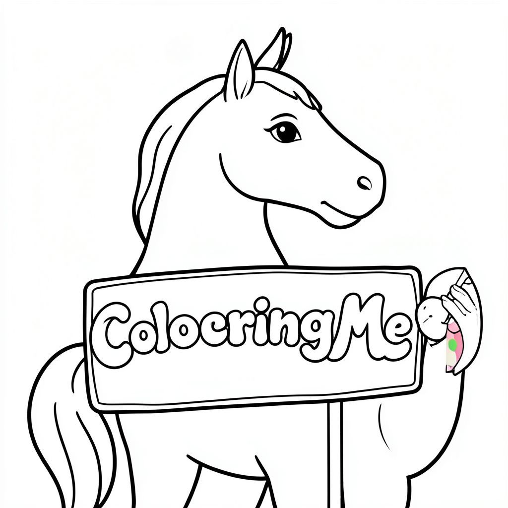 Chế độ xem hồ sơ của một con Ngựa thân thiện, cầm một tấm biển có chữ "ColoringMe" được viết bằng chữ bong bóng màu trắng, theo phong cách siêu thực, với hình ảnh màu nhỏ ở bên cạnh để sao chép như nó vốn có