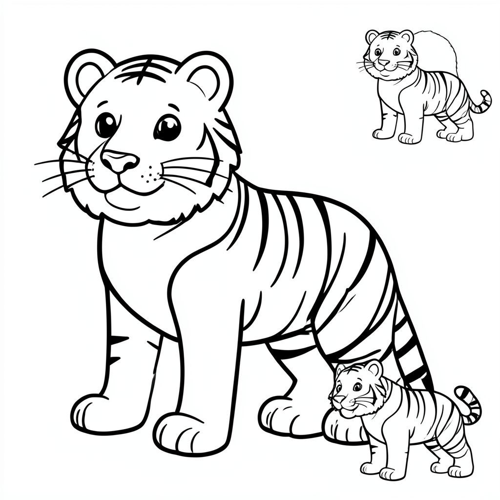 Tạo một bức tranh tô màu hổ dễ thương và đơn giản cho trẻ từ 3–6 tuổi. Bản vẽ hổ chính phải là nghệ thuật đường nét đen trắng, to và rõ ràng, với các hình dạng đơn giản phù hợp để tô màu. Bao gồm một hình ảnh tham khảo nhỏ, đầy đủ màu sắc của con hổ ở góc để trẻ có thể nhìn thấy màu sắc chính xác. Làm cho phong cách thân thiện, vui vẻ và mang tính giáo dục. Nền trắng, không có yếu tố phụ."